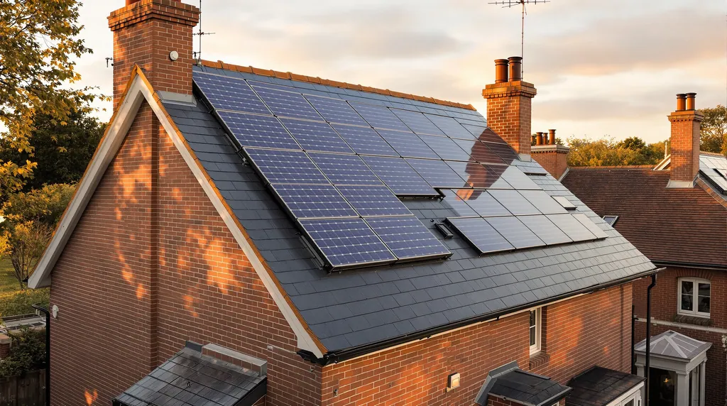 Conceptual study of slate roof planes on a brick house in golden-hour light